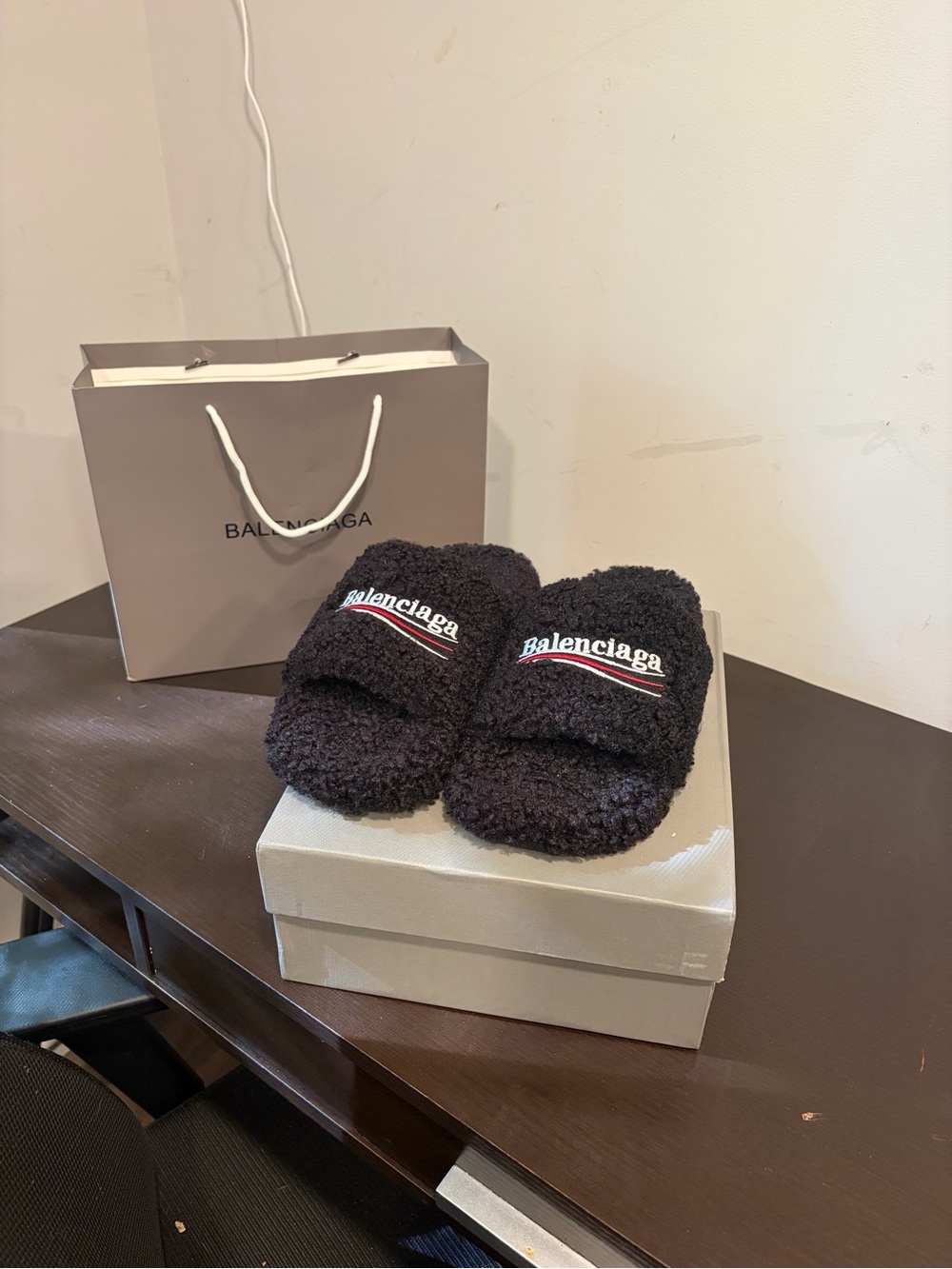 Balenciaga Black Political Campaign Furry Shearling Slides Full Set